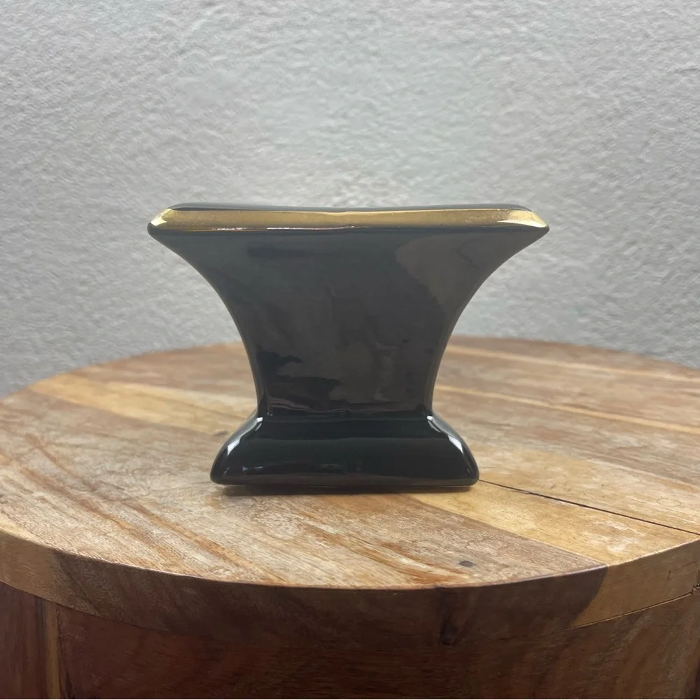 Vintage l 50s Mid-Century Mod Kitsch Glossy Black Gold Trim Long Footed Planter
